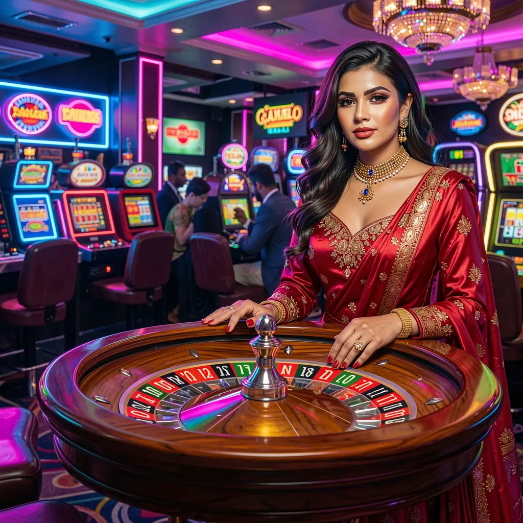 Confident woman in a sleek red dress inside a luxury casino setting highlighting the premium gaming atmosphere of 88ABAT for players in Bangladesh