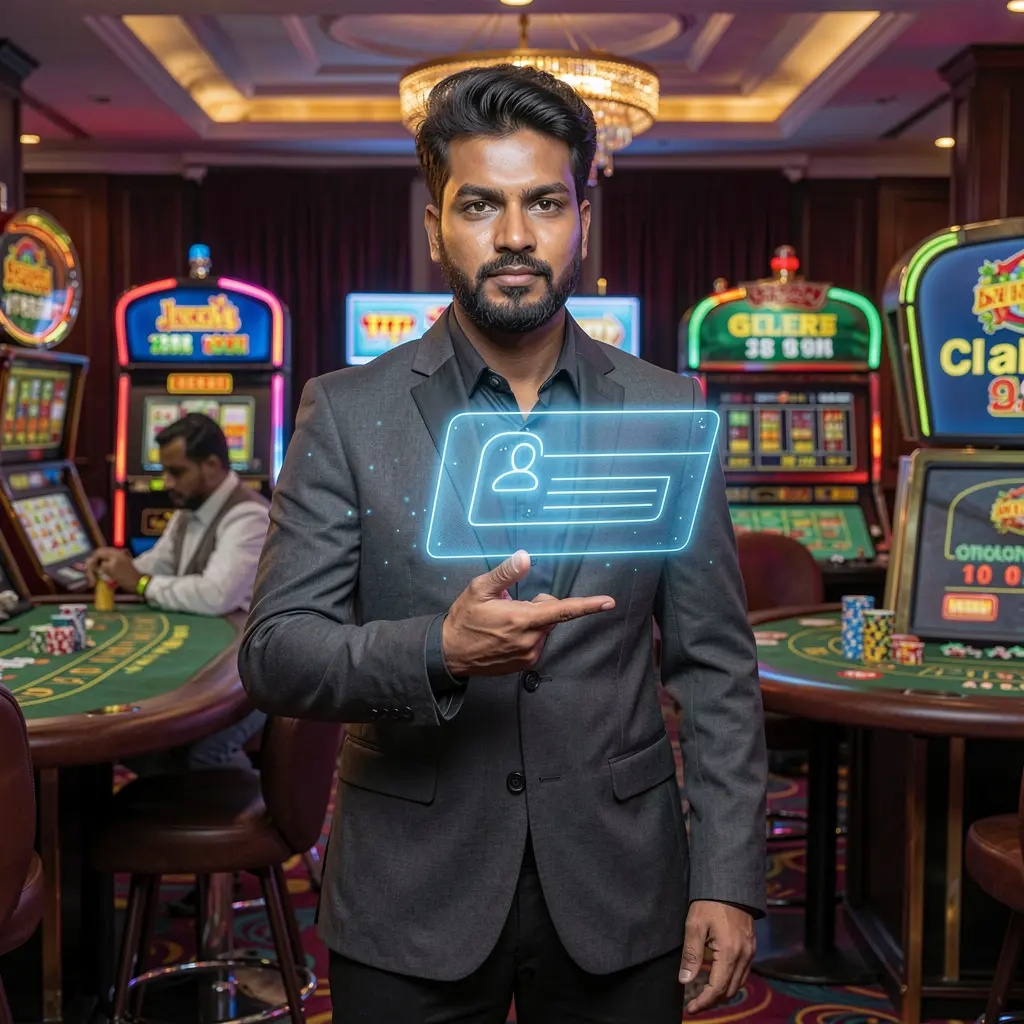 Confident Bangladeshi casino professional pointing toward a glowing holographic login button inside a vibrant 88ABAT casino environment